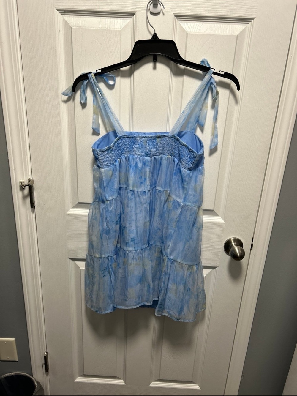 Smocked Tie-Shoulder Blue Dress